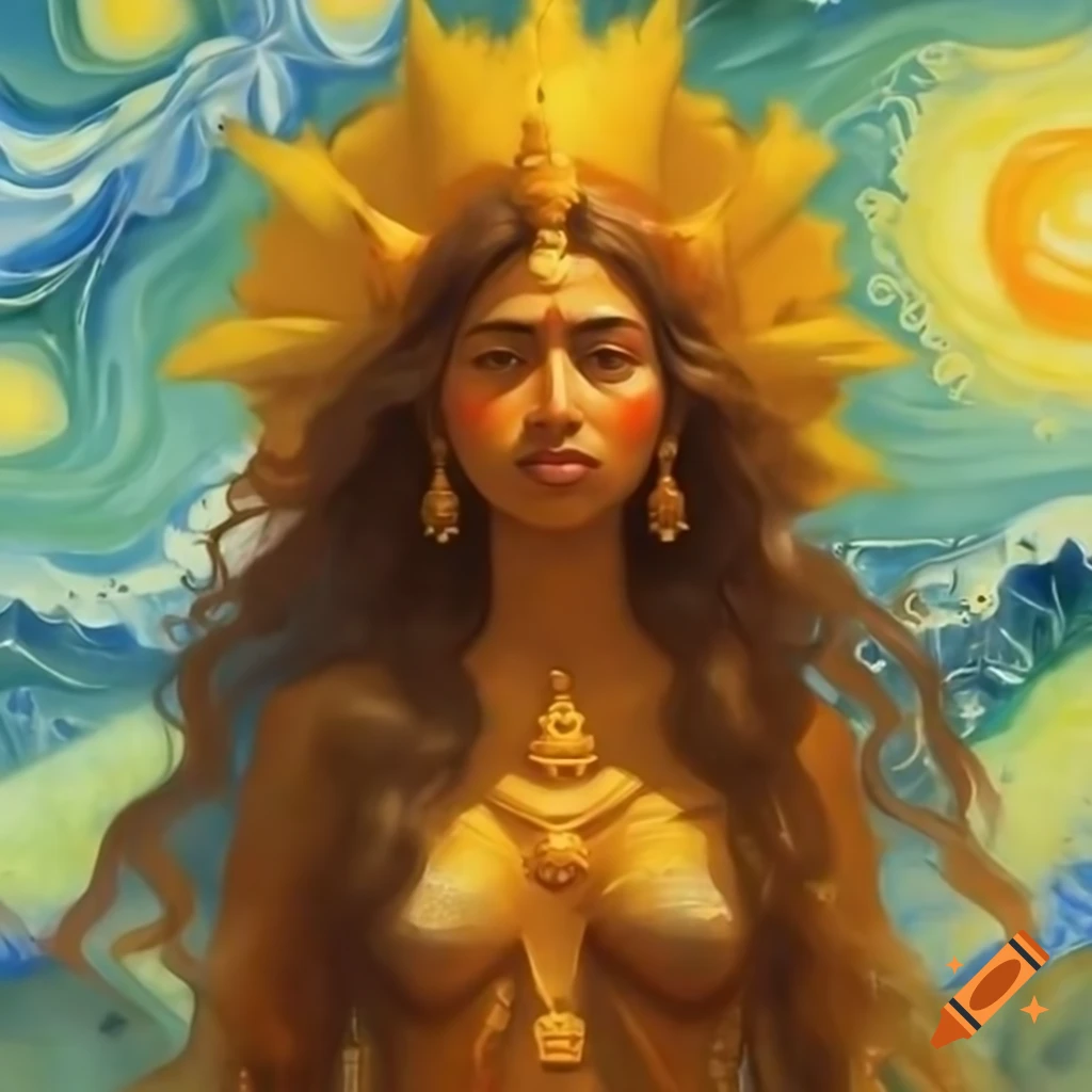 Ancient Bangladeshi goddess in animated style, watercolor and Rembrandt influences