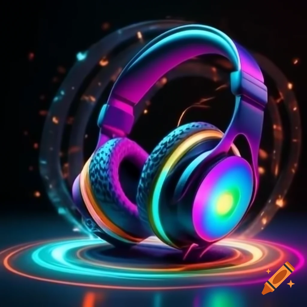 Headphones with glowing aura and colorful sound waves in a circular pattern