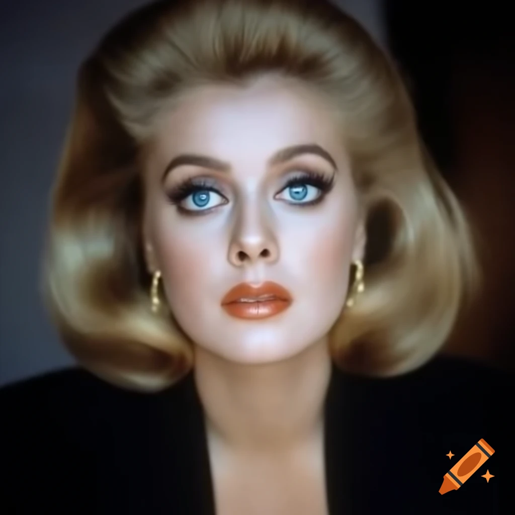 Hyper-realistic photograph of beautiful European actress from 1963 with porcelain skin and blue eyes