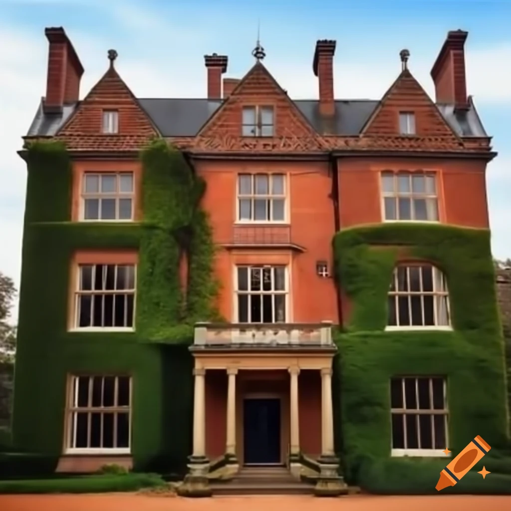 19th century red brick manor covered in ivy with square pillars