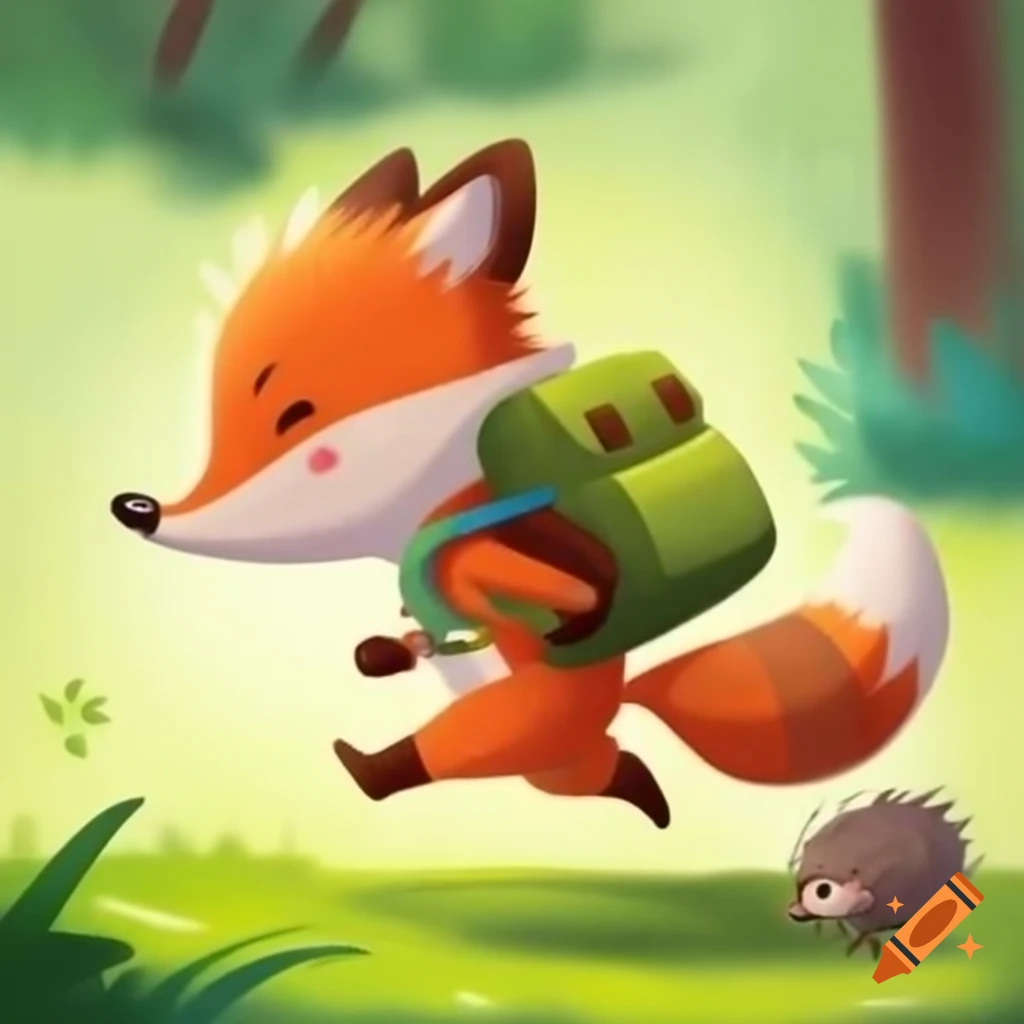 Cute fox with backpack being chased by a hedgehog