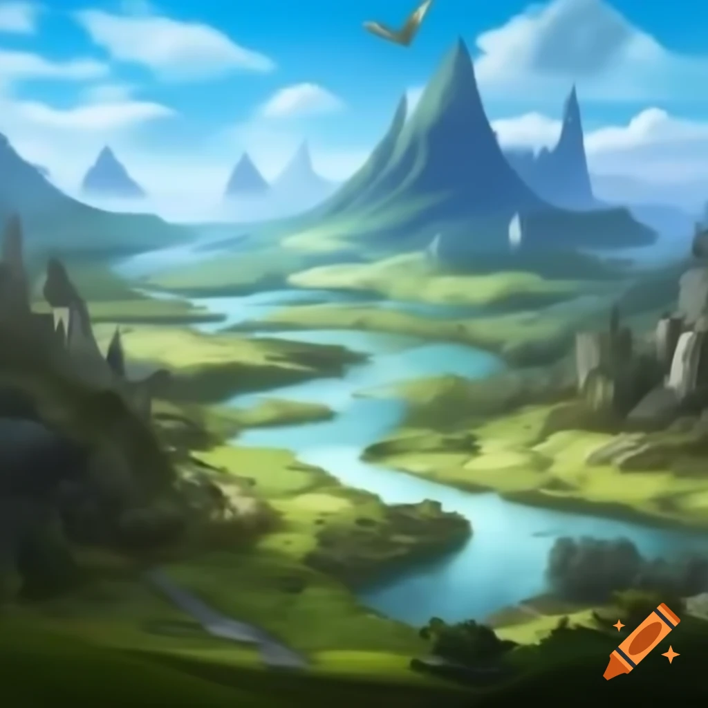 Heroic fantasy landscape featuring hills, river, lake, and dragon