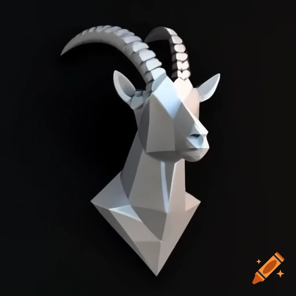3D polygonal silver metallic goat bust on black background