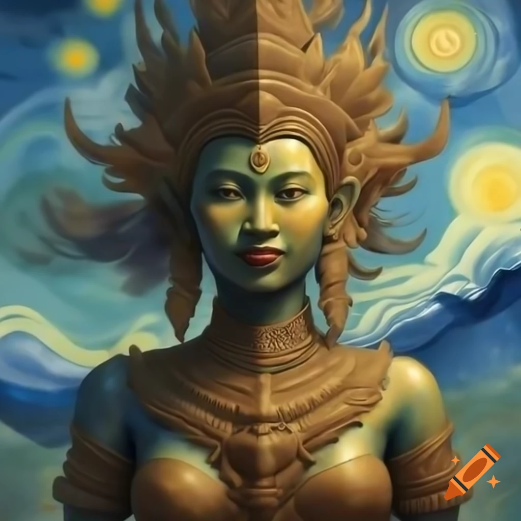 Ancient Cambodian goddess in vibrant animation, detailed watercolor and Van Gogh style