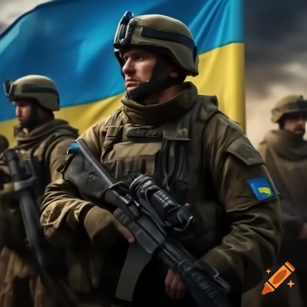 Ukrainian soldiers in a war backdrop