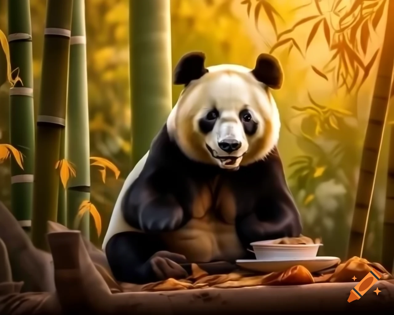 Panda bear eating bamboo under warm autumn sunlight, detailed painting