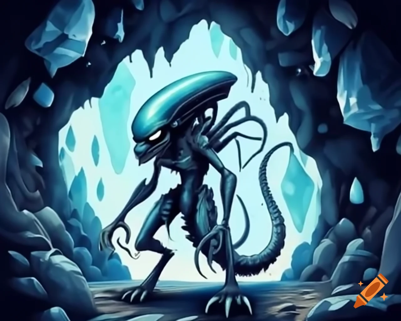 Xenomorph in cave filled with shiny diamonds