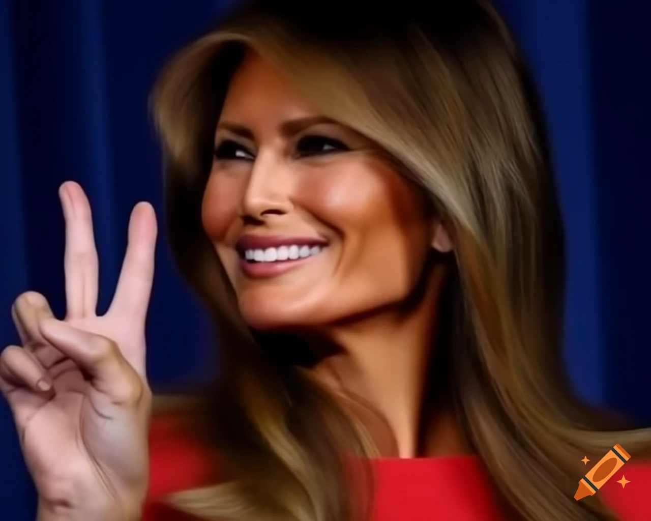 Melania Trump making peace sign gesture in playful pose