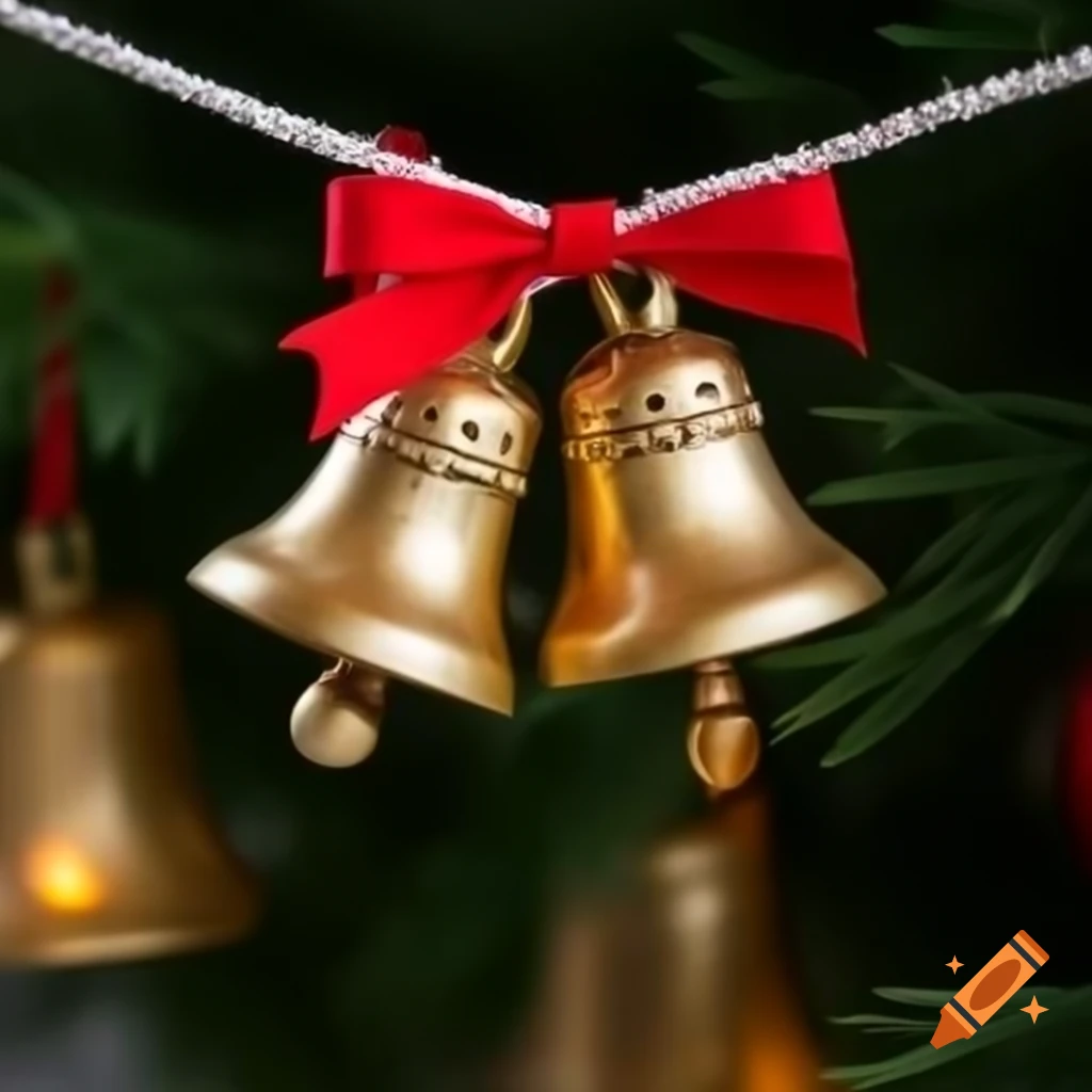 Two golden Christmas bells with red bow decoration