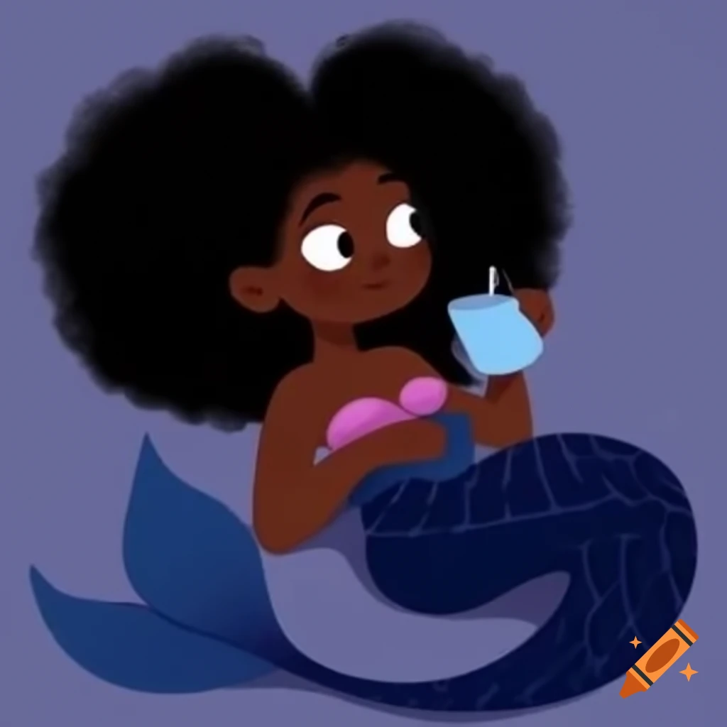 Black mermaid in pajamas enjoying coffee