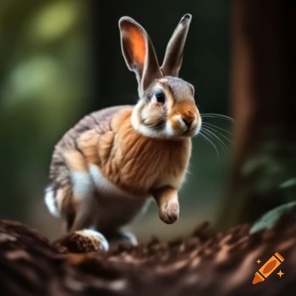 Photorealistic rabbit running through forest