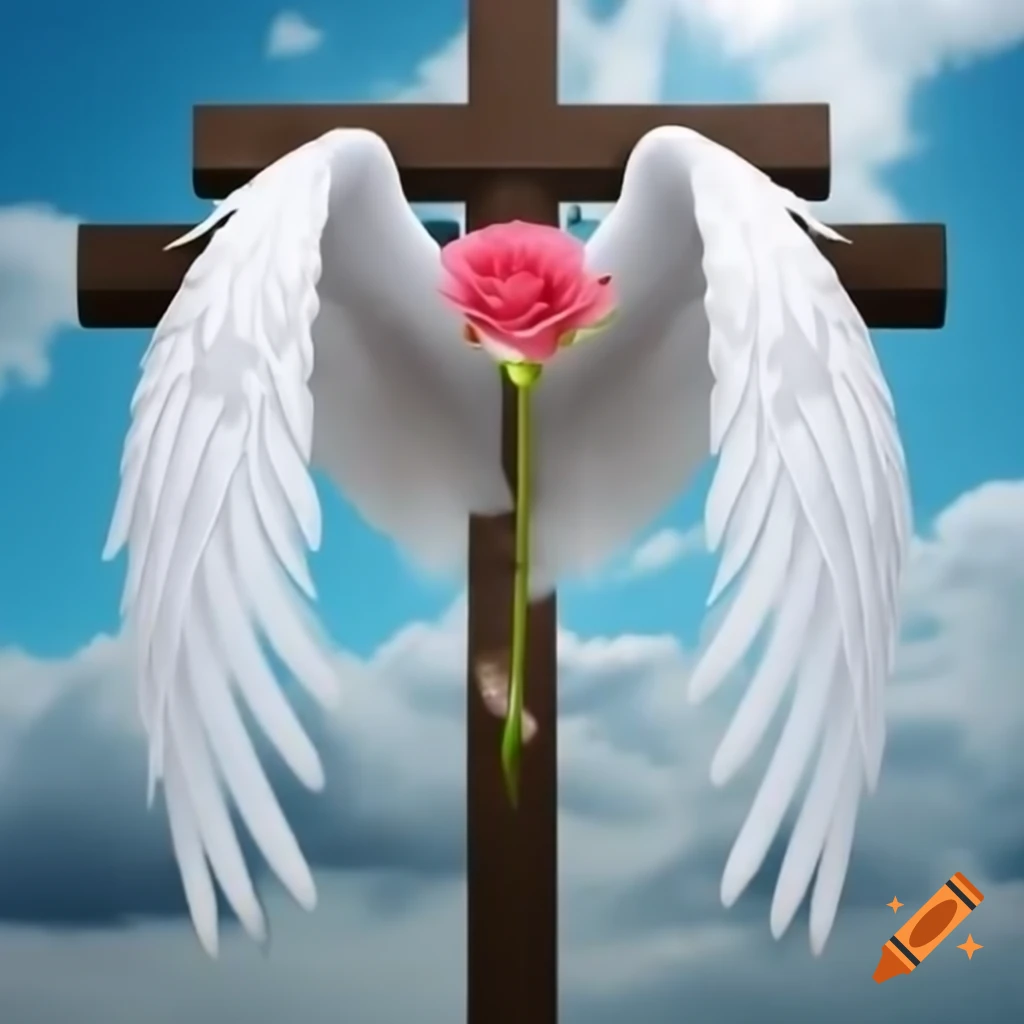 Angelic wings on a cross adorned with a rose
