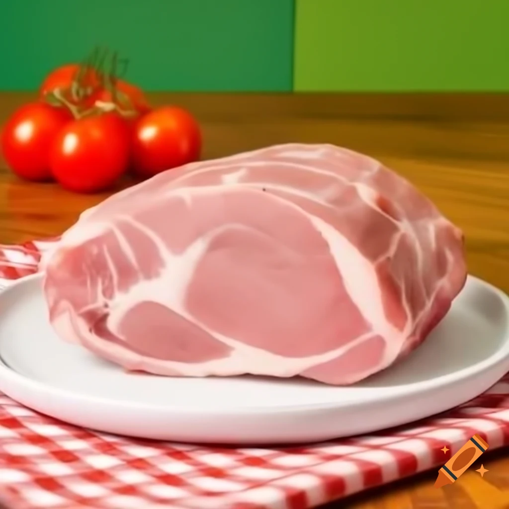 Salty pork on white plate with colorful background and cherry tomatoes
