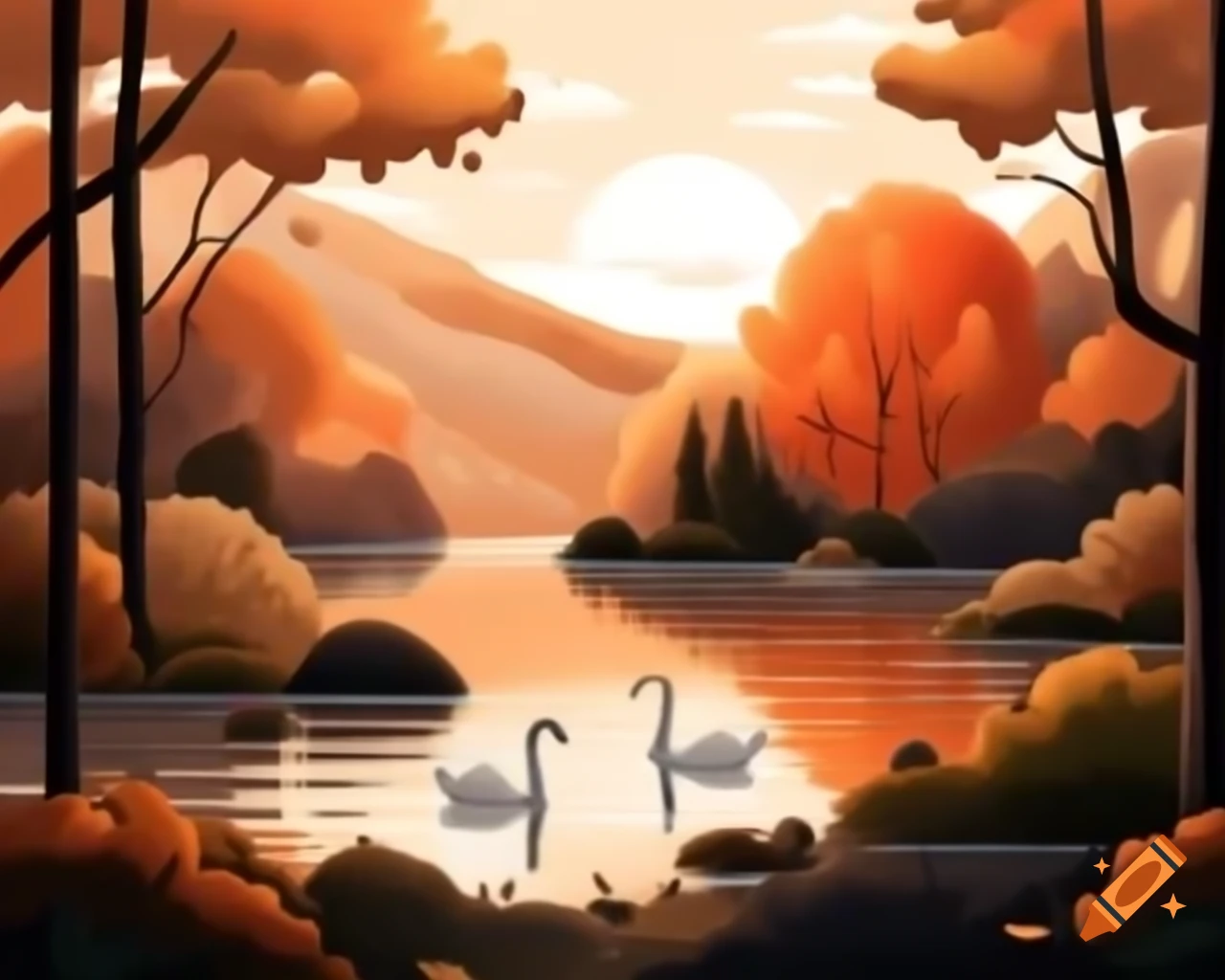 Asymmetric lake with swans, trees, and shrubs in autumn sunlight, painted
