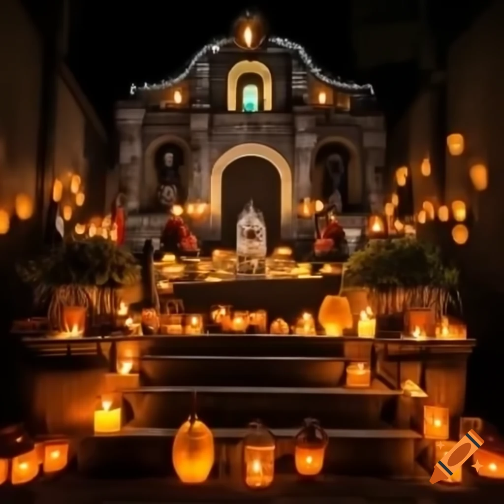 Colorful lighting on Mexican altar for Dia de Muertos