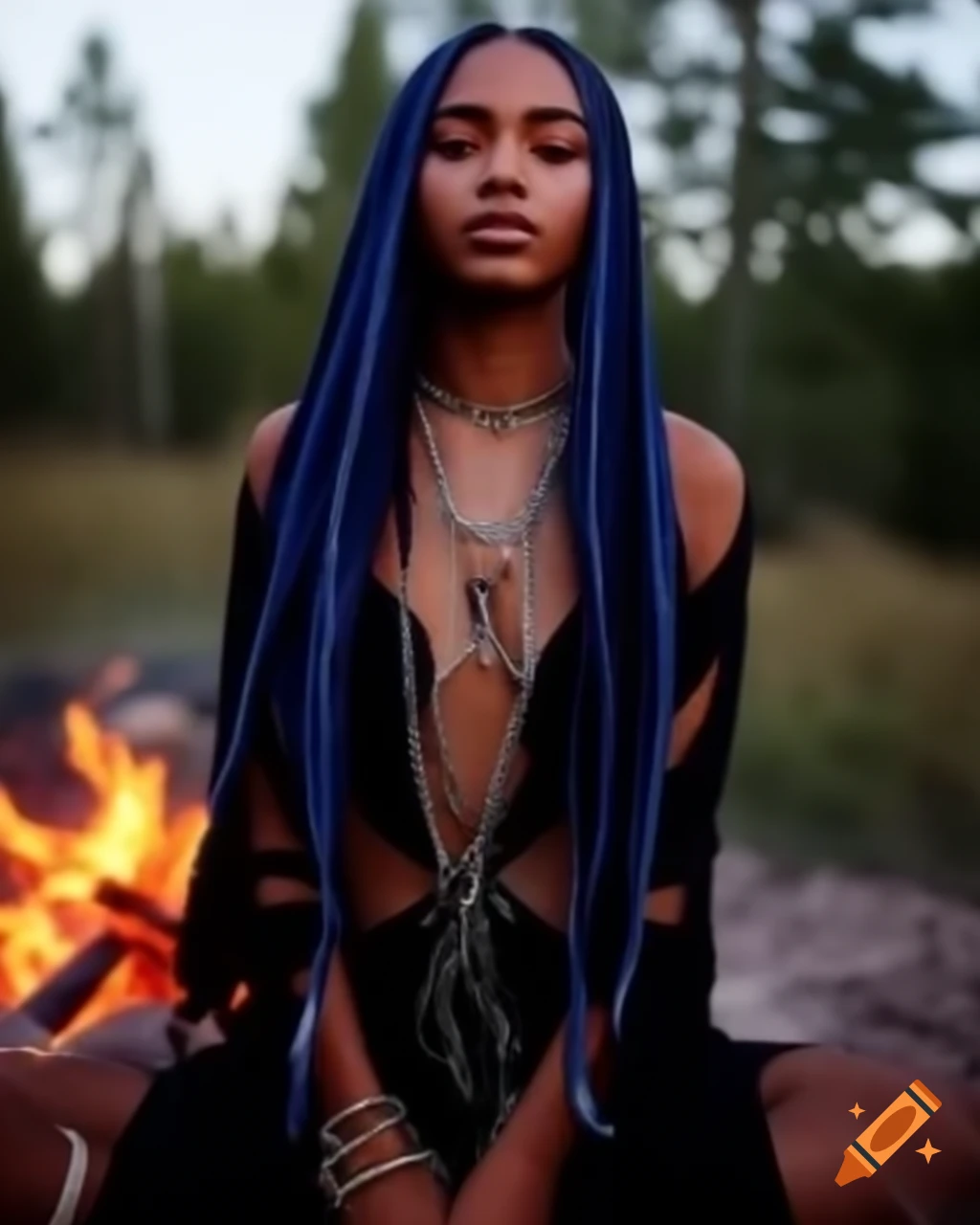 Young woman in hippie dress with ankle chains by campfire in summer
