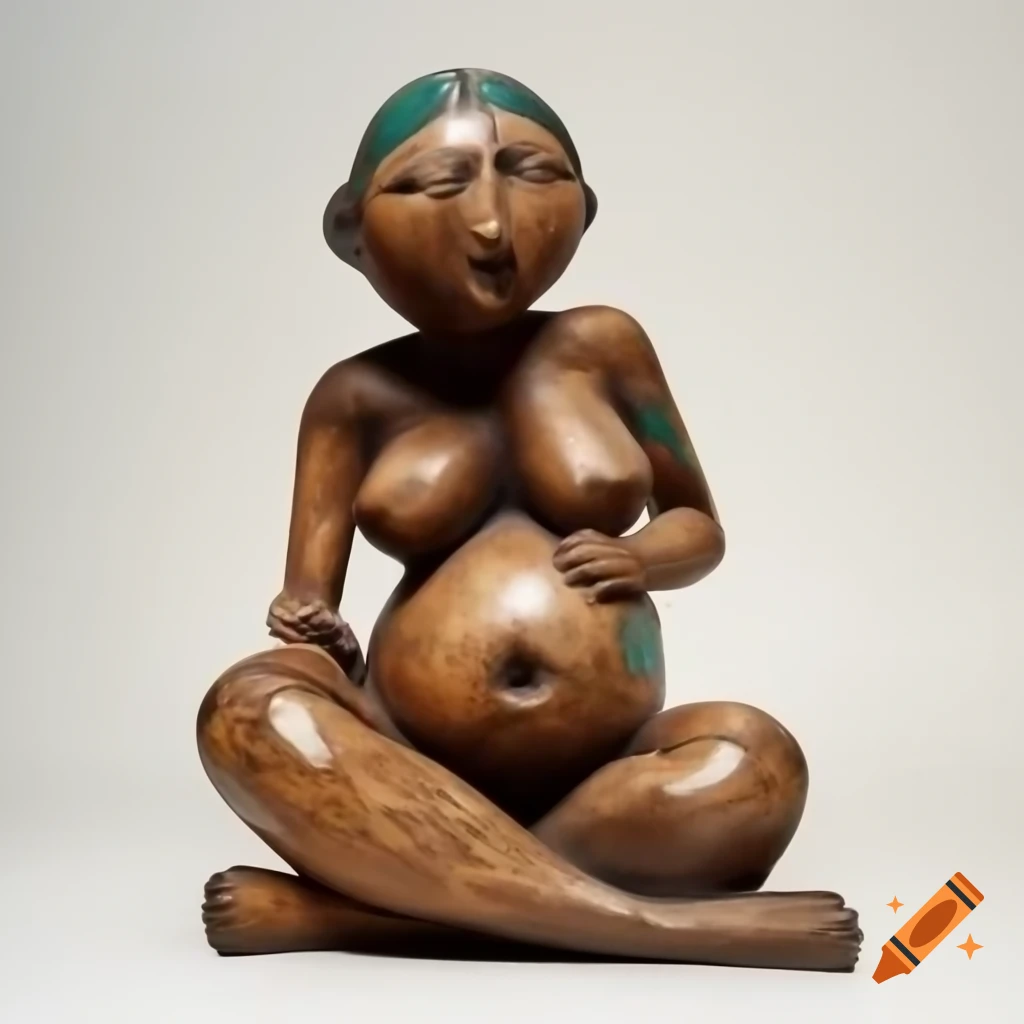 Cubist sculpture of female figure in folklore style with rough wooden engravings