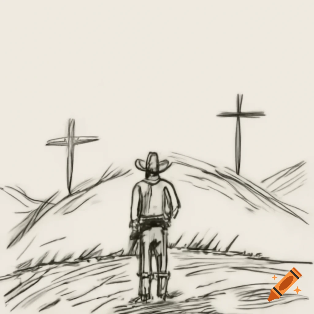 Cowboy gazing at hill with three crosses in the landscape