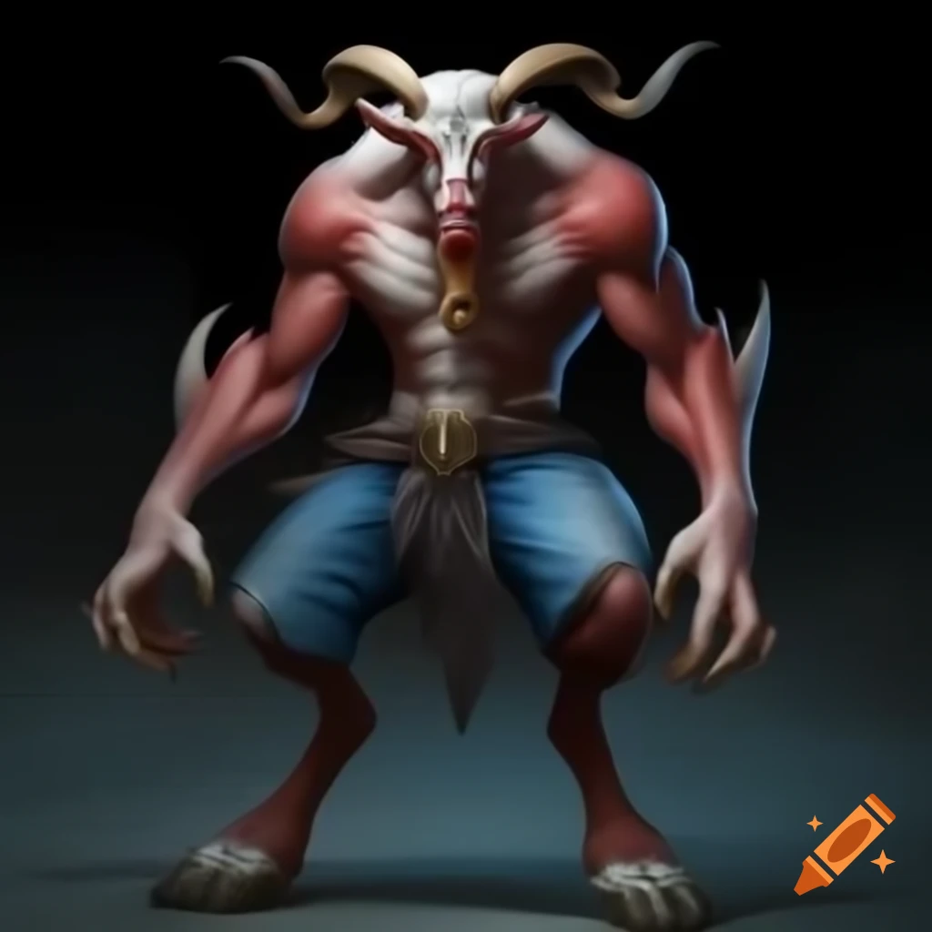 Realistic depiction of a goat-headed demon with large horns and muscular legs in a standing posture