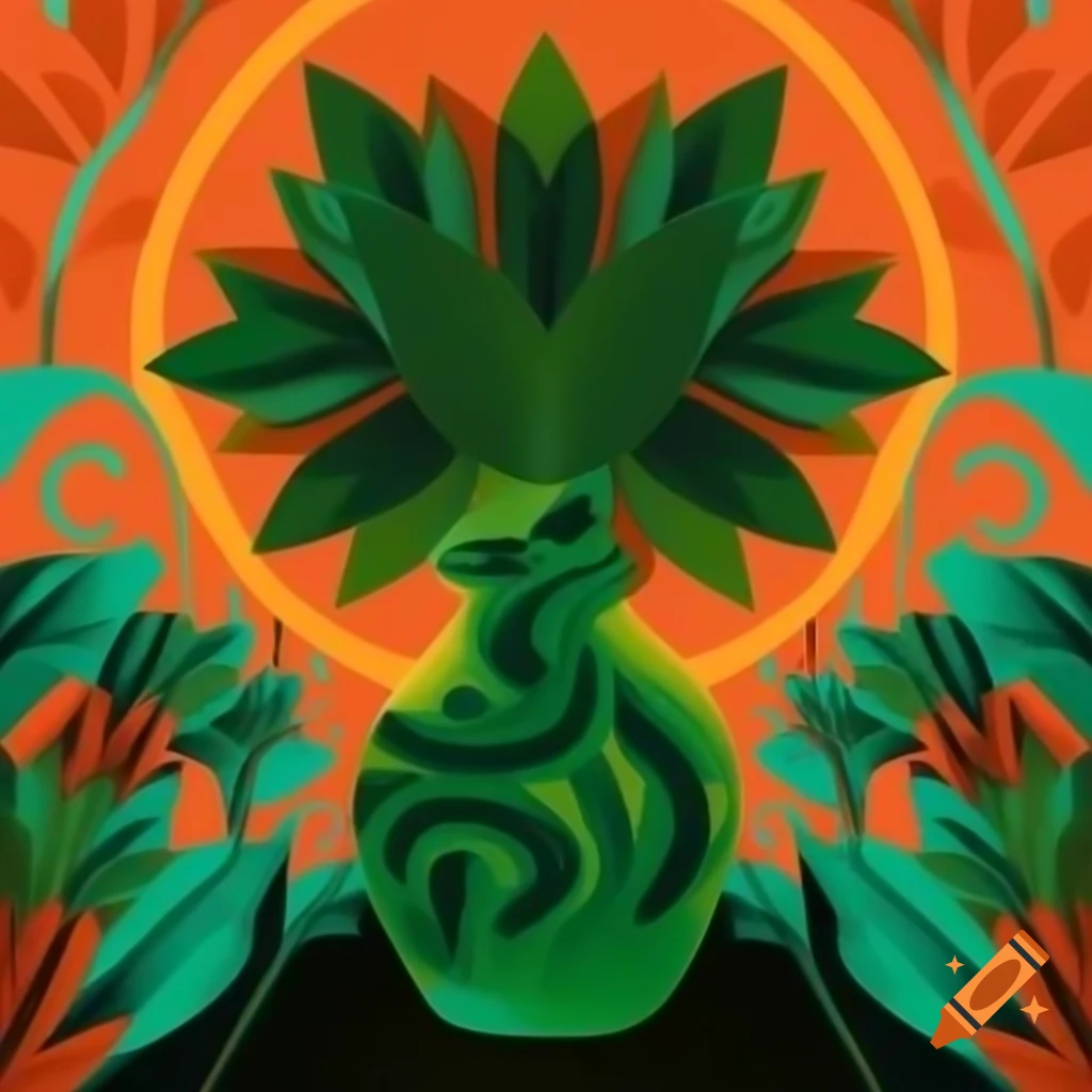 Geometric portrait of glowing vase overflowing with green flora under tropical sky