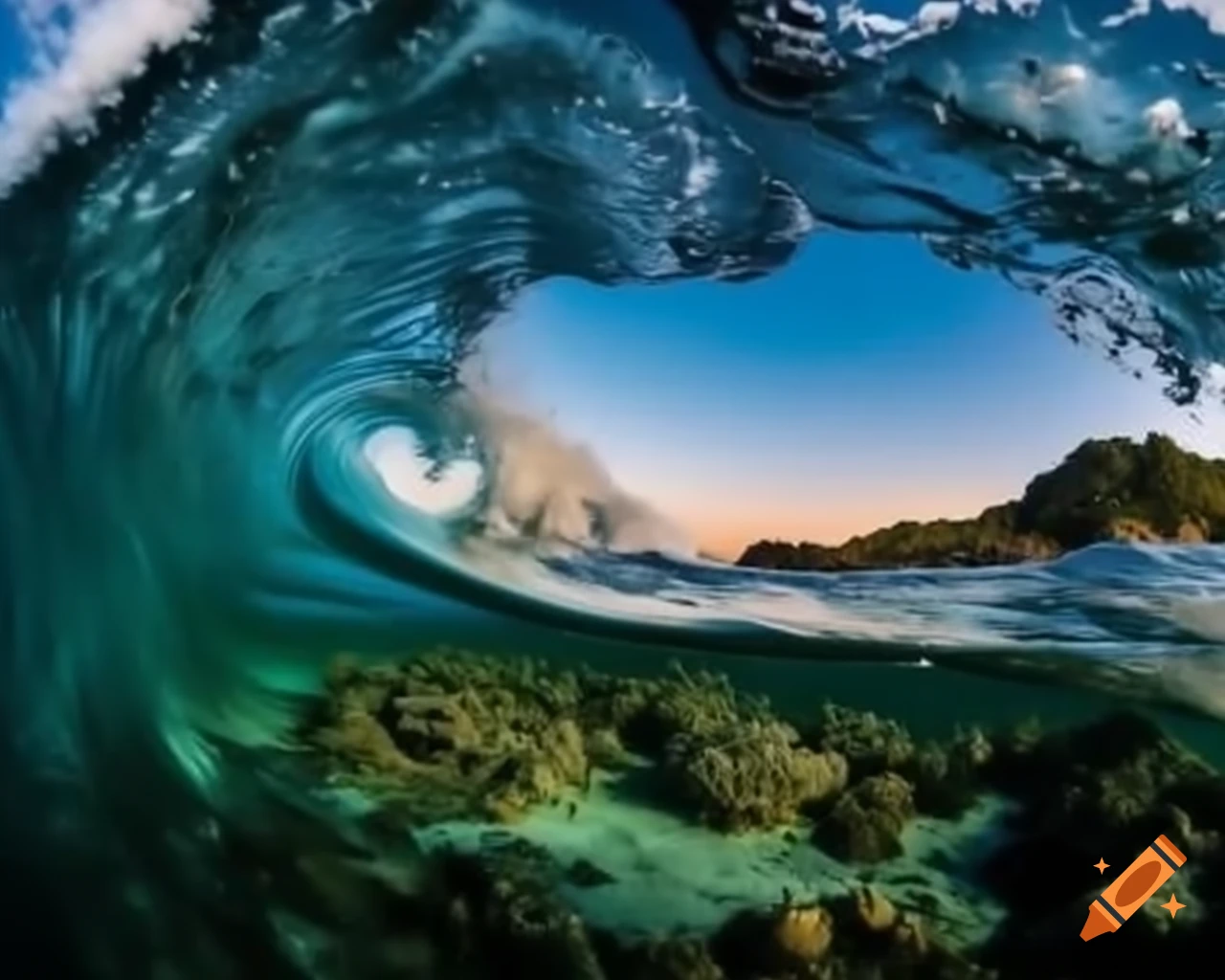 Cinematic view inside wave showing celestial seabed with rocks and corals at sunrise