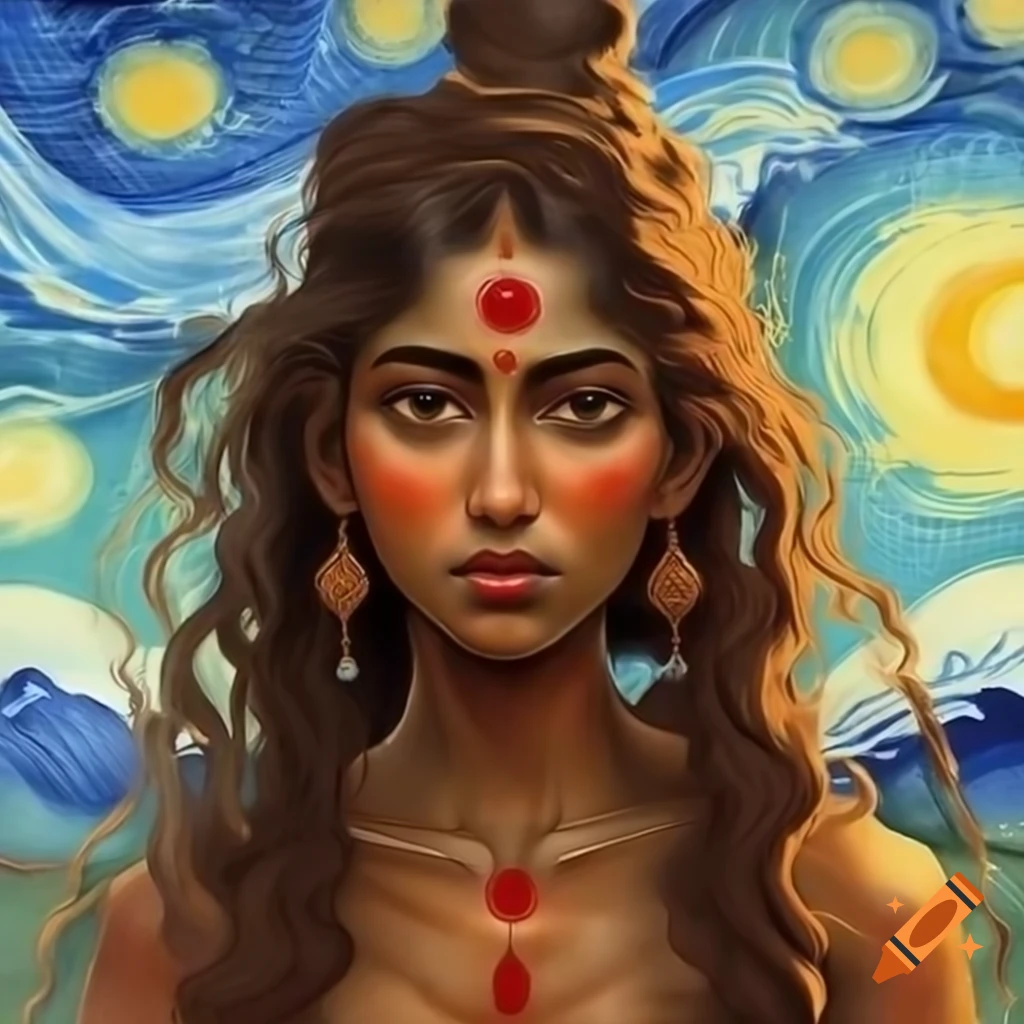 Full-body portrait of Bangladeshi goddess in Van Gogh and Rembrandt style, ultra detailed