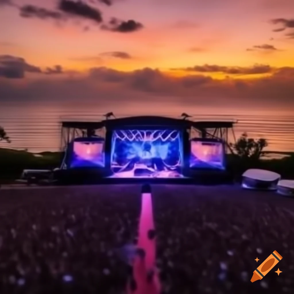 Tropical concert stage on ocean with sunset background