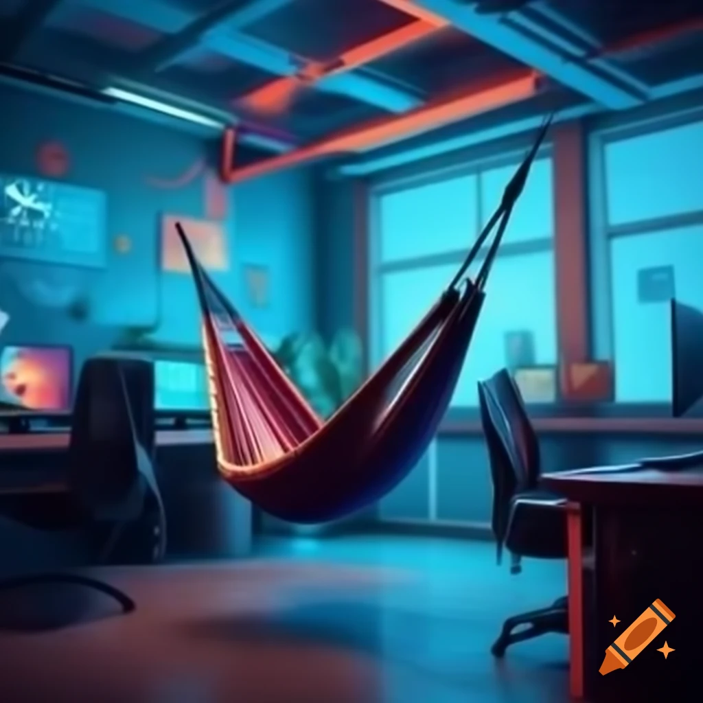 Colorful office interior of a gaming company with a hammock
