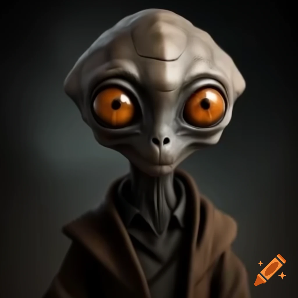 Portrait of a handsome male alien with dark orange eyes and unique facial features