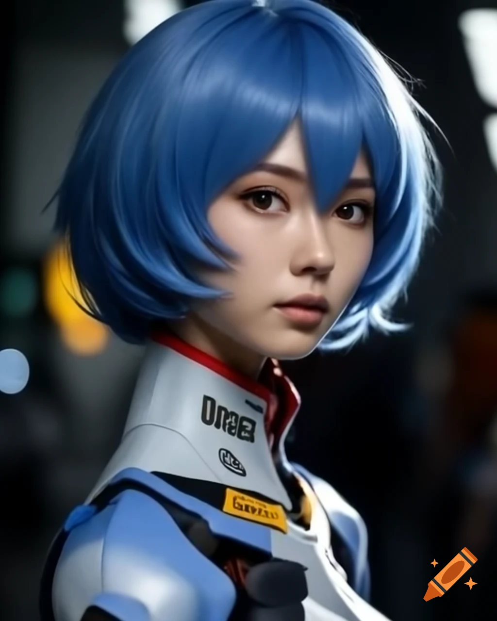 Hyper-realistic cosplay of Rei Ayanami from Evangelion with blue hair and detailed facial features