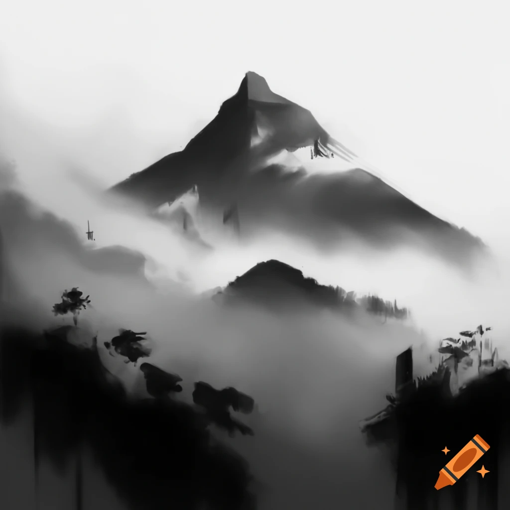 Monochrome ink painting of misty Songshan mountain
