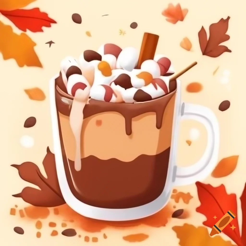 Whimsical illustration of mug with hot cocoa and marshmallows surrounded by autumn leaves