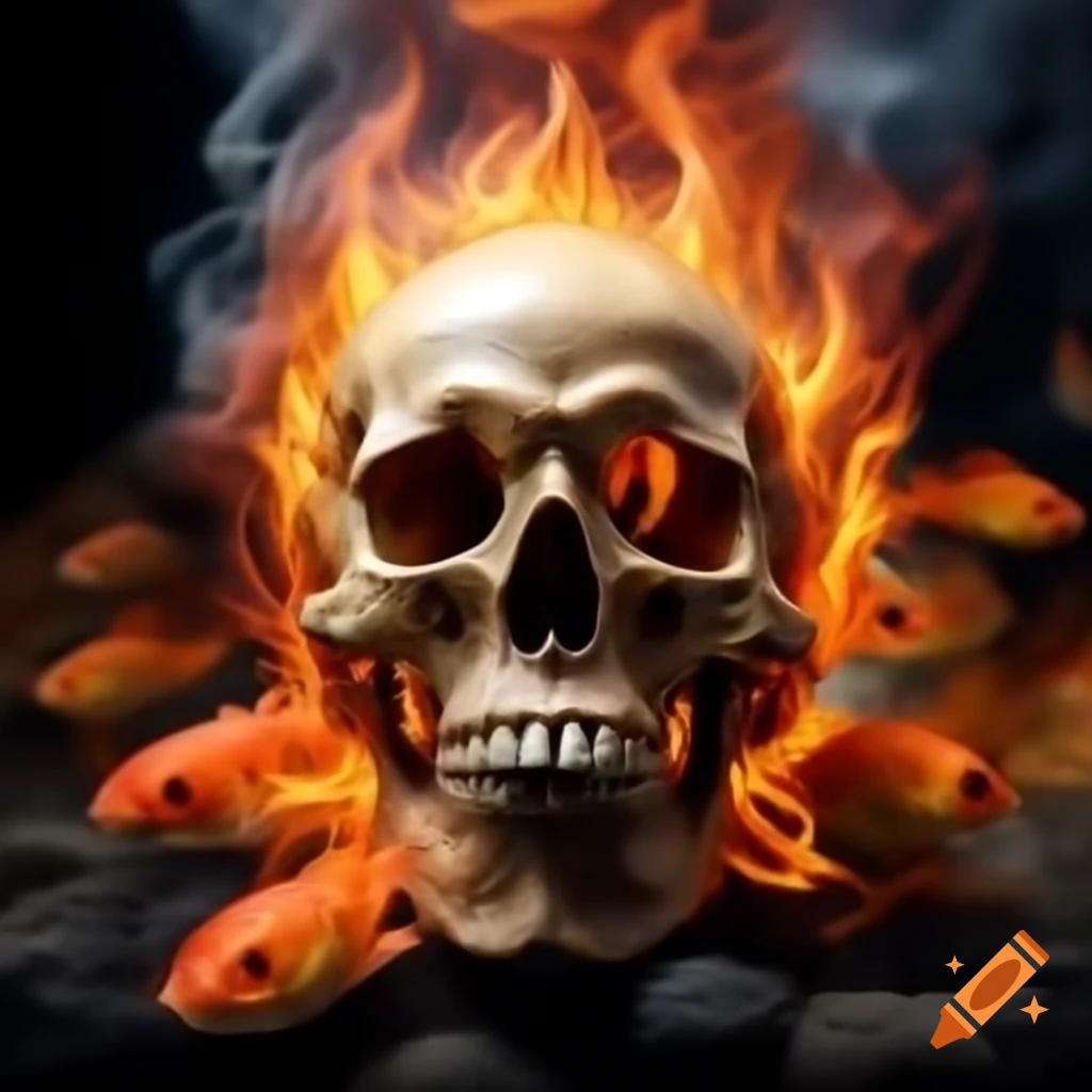 Flaming skull surrounded by twenty flaming fish