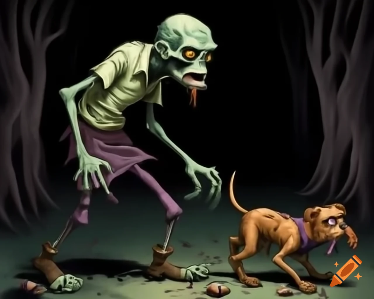 Zombie walking a zombie dog in Halloween illustration