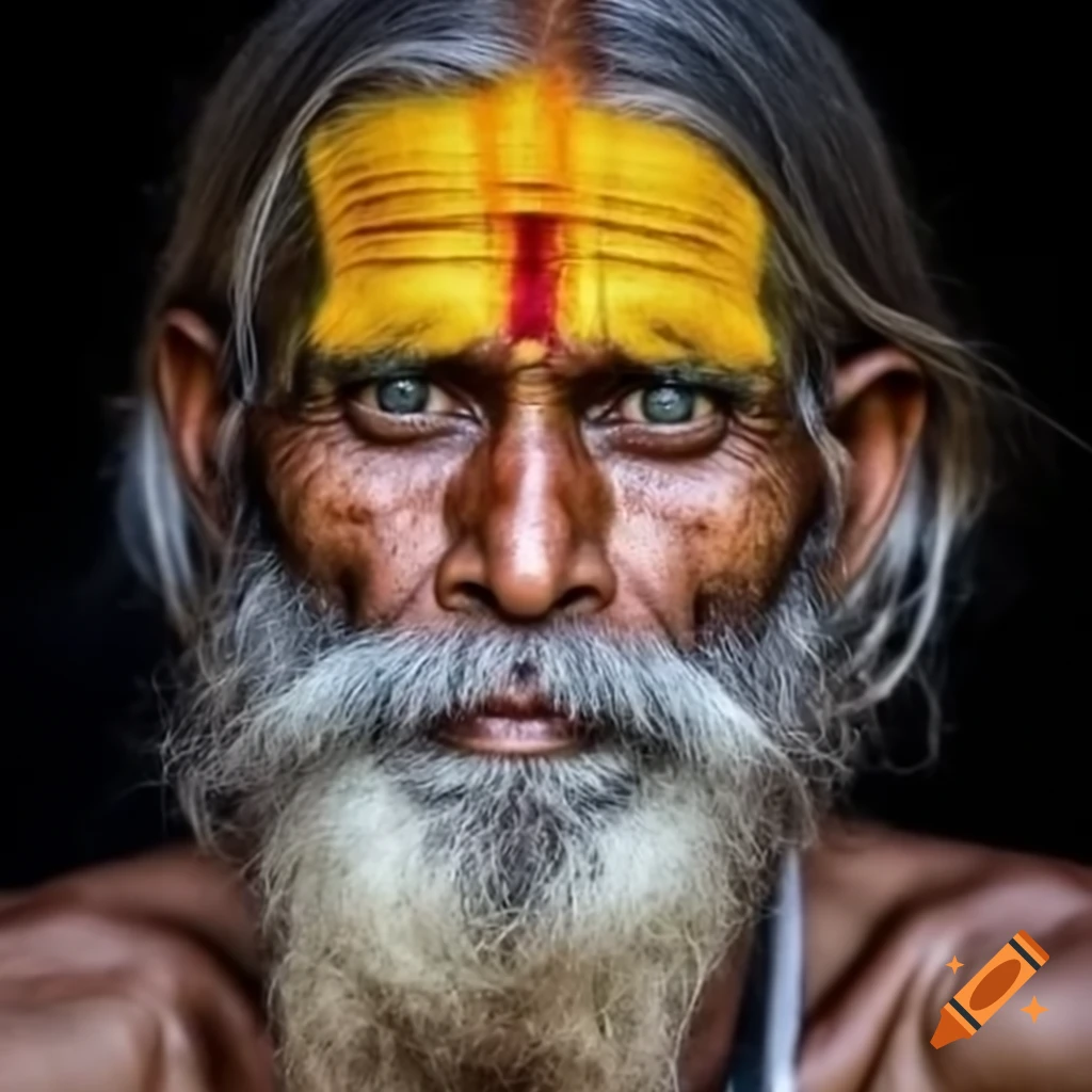 Close-up of male Indian baba with intense expression