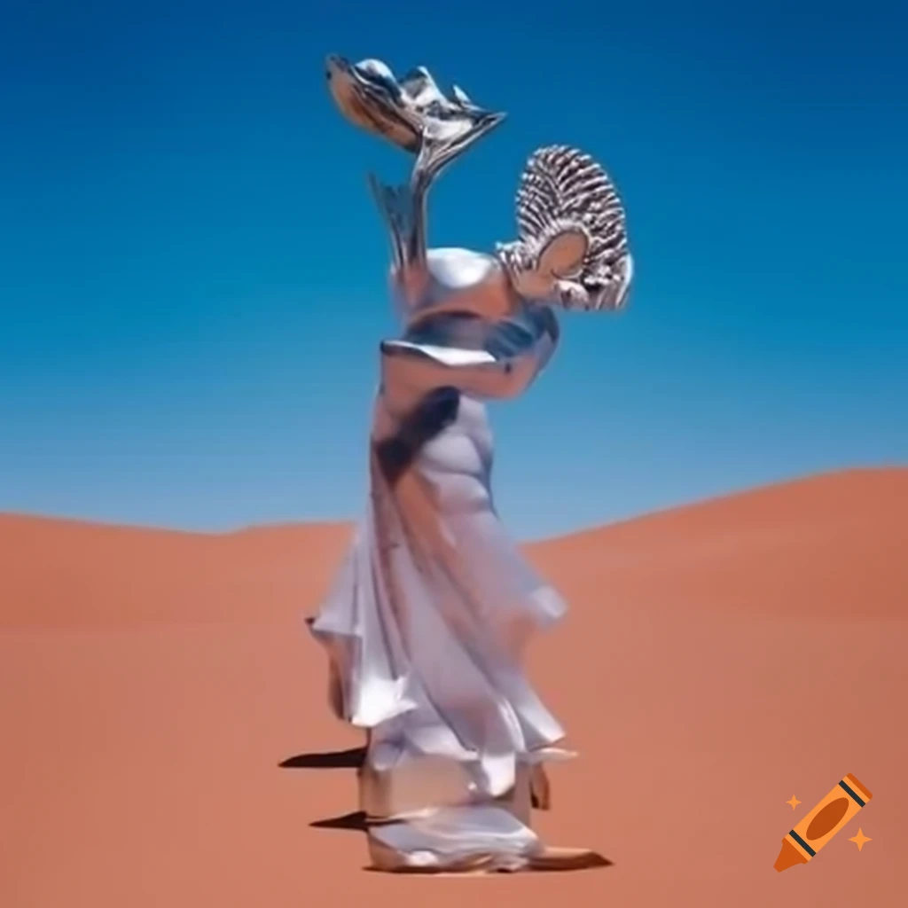 Surreal 2000's photography of silver statue of woman in stone desert
