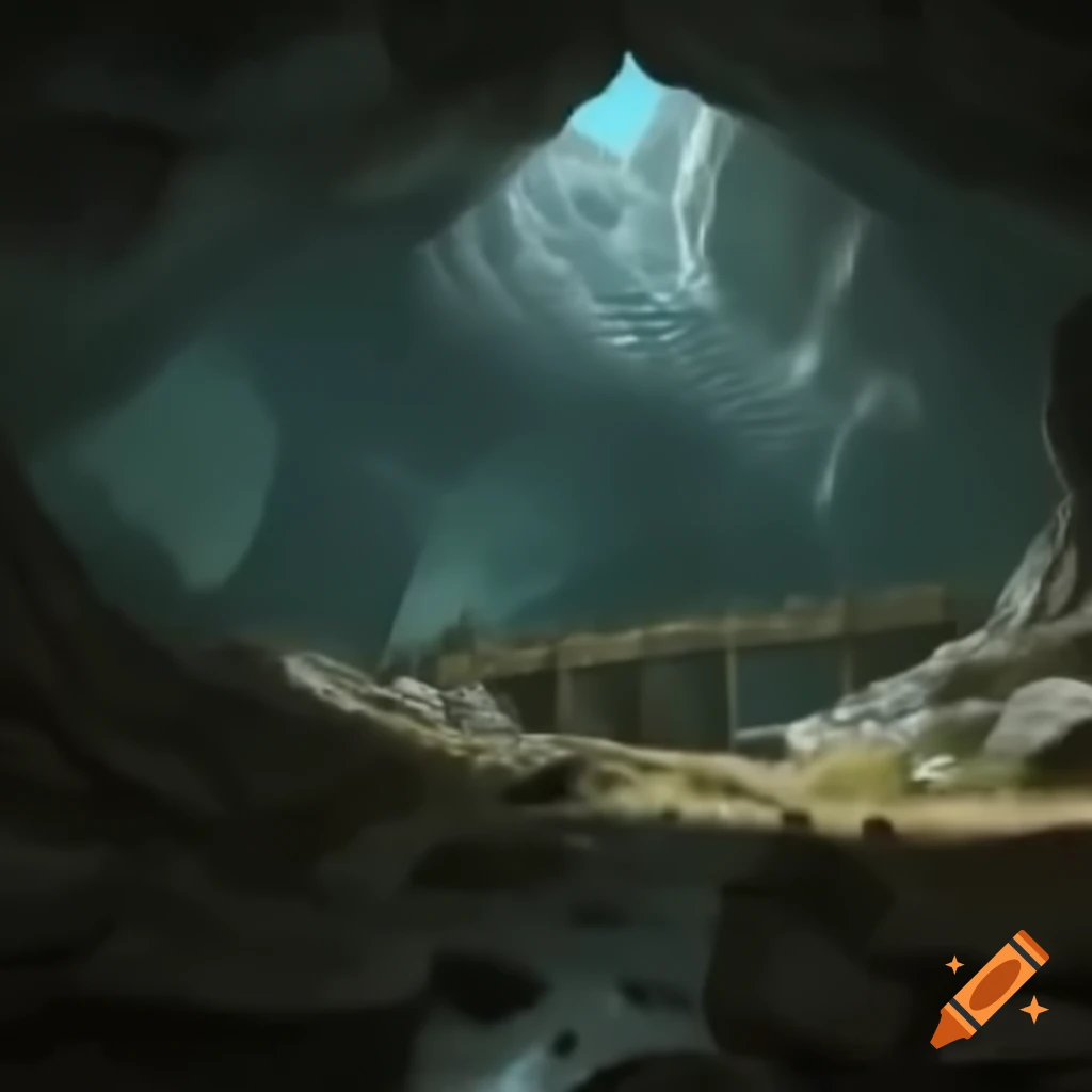 Vast cavern with ancient stone walls and dilapidated bridge in Pathfinder universe