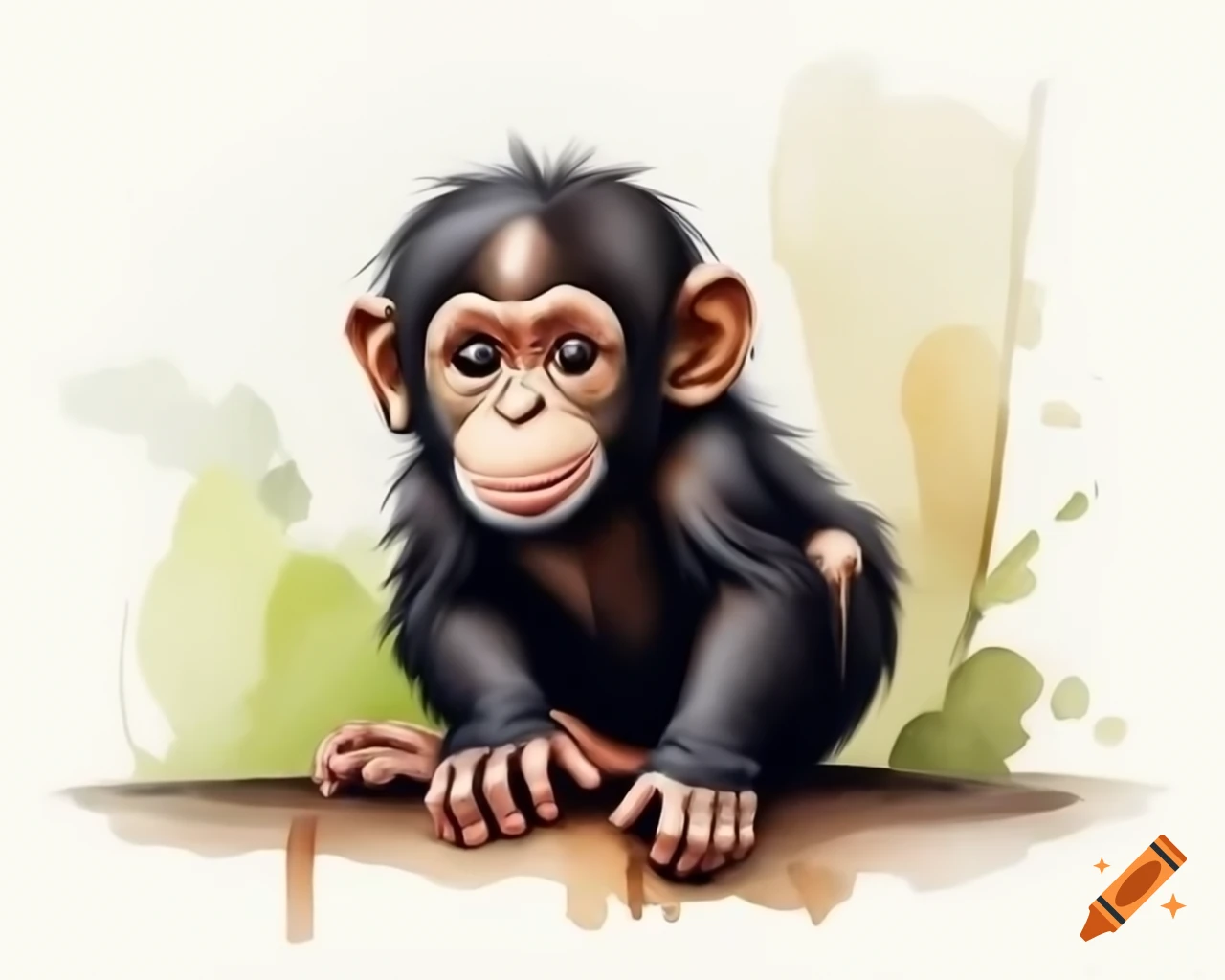 Dark skinned chimpanzee baby sitting on tree stump in Beatrix Potter watercolor style