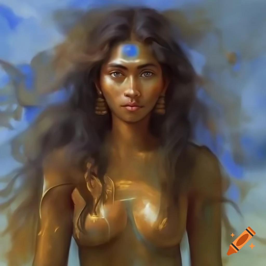 Full-body portrait of Bangladeshi goddess in Van Gogh and Rembrandt style, ultra detailed