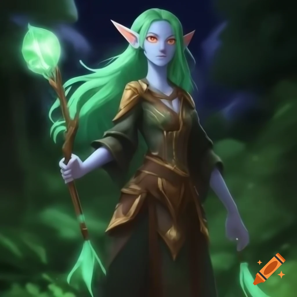 Tall Firbolg druidess with green hair and blue skin in natural landscape