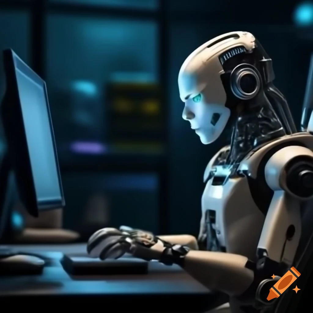 Robot working on a computer in dimly lit room