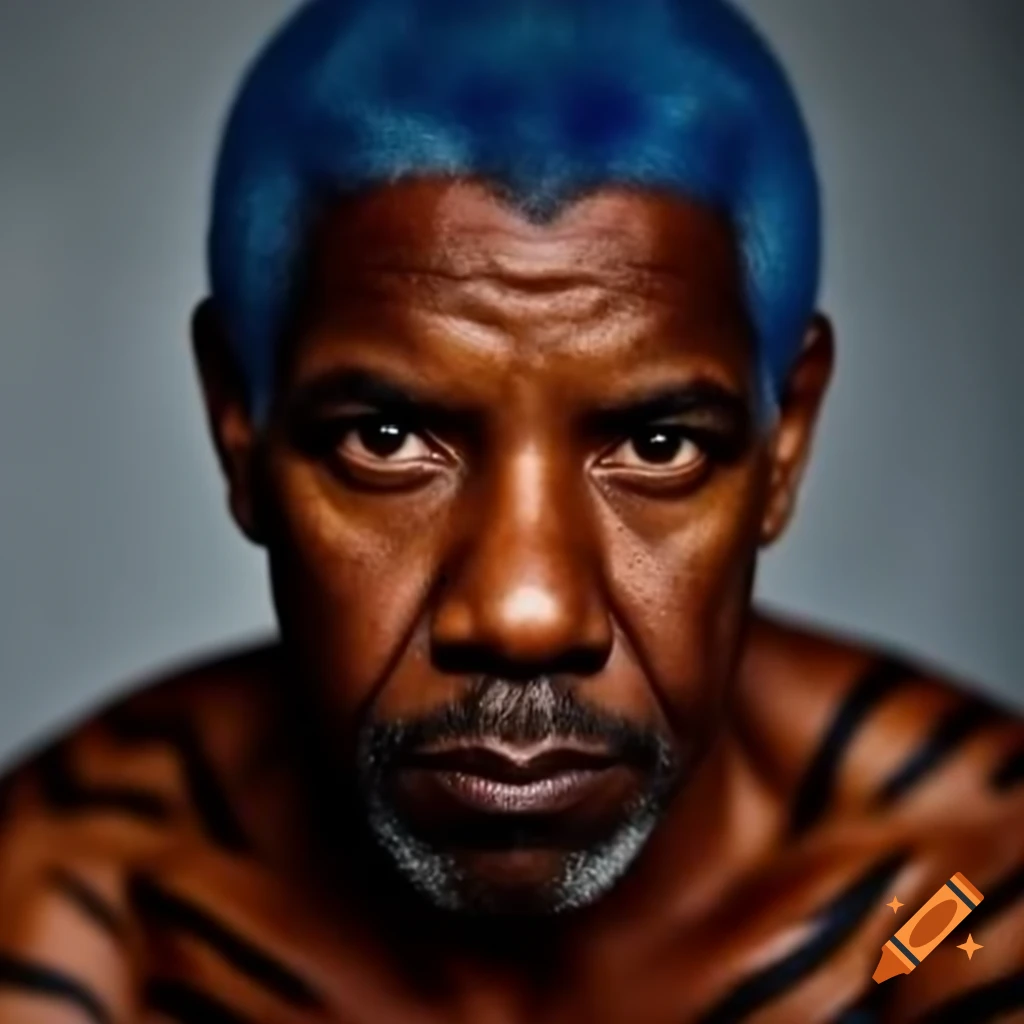 Muscular man with tiger-style makeup and blue hair