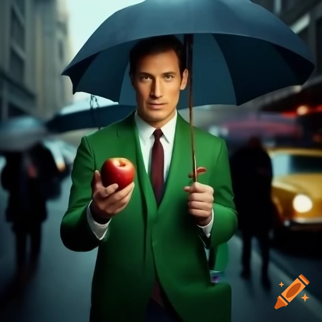 Man in green suit holding apple and umbrella on busy city street at dusk