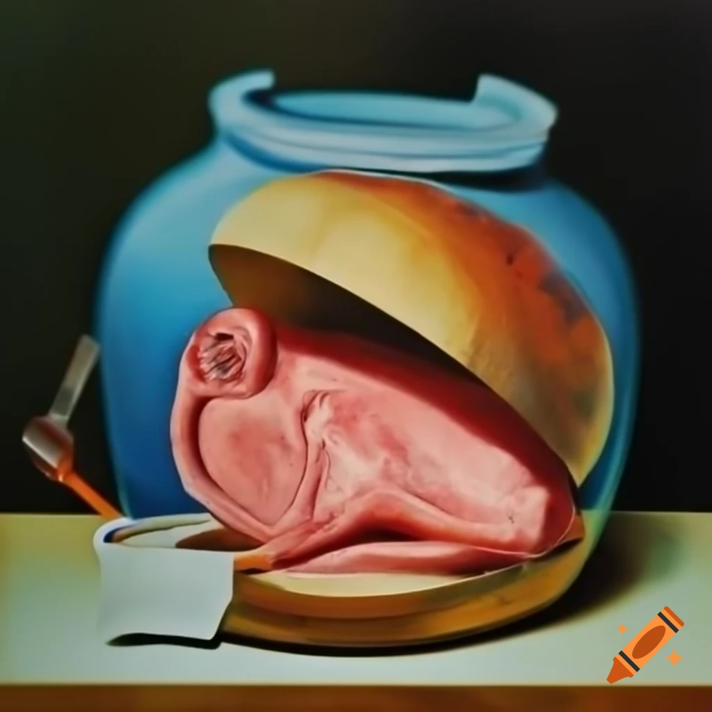 Surreal artwork of pork chop inside a bottle inspired by Salvador Dali