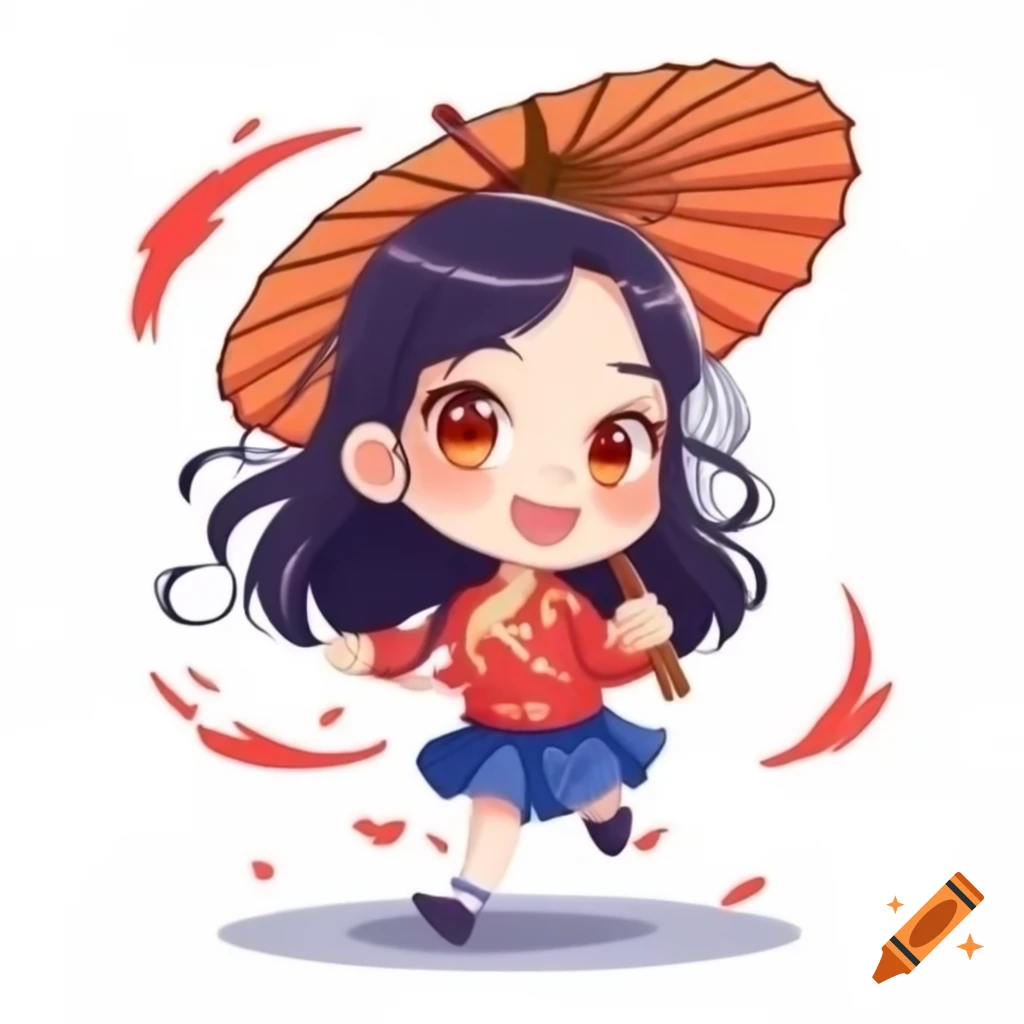 Chibi Chinese girl running with umbrella