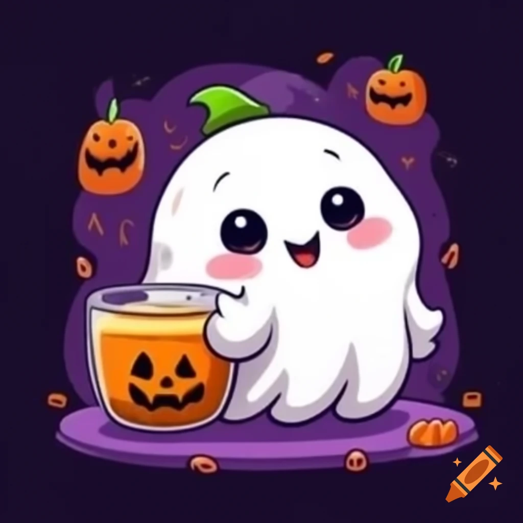 Cute cartoon ghost with pumpkin and coffee for Halloween