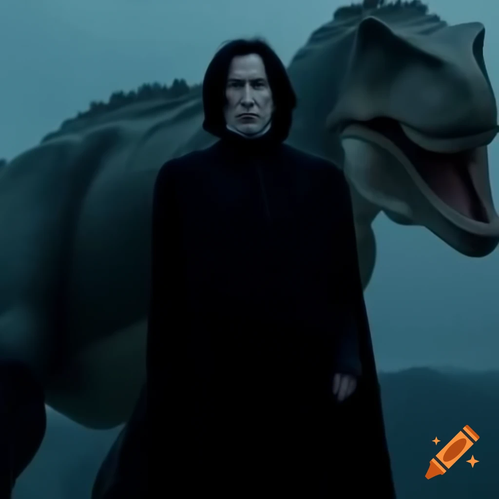 Character Snape riding a dinosaur