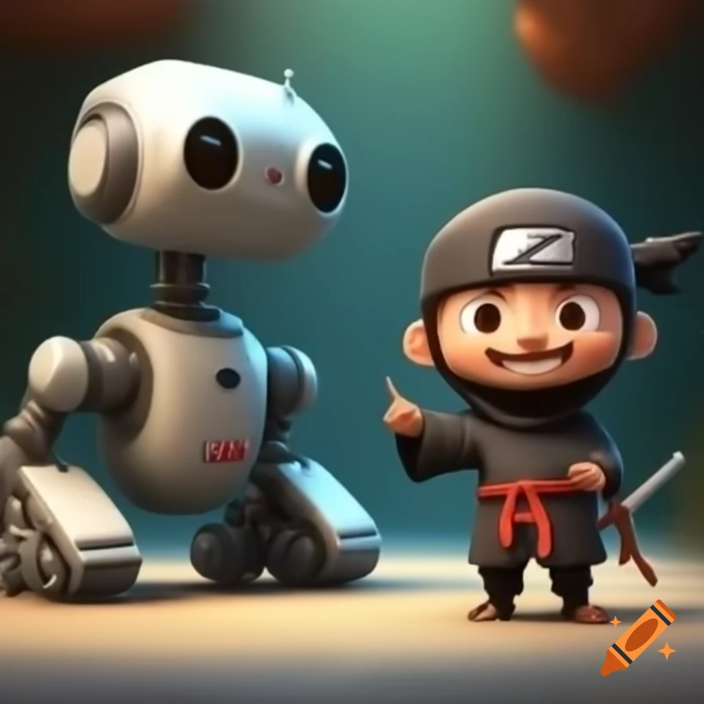 Cute ninja smiling at towering robot in 3D style