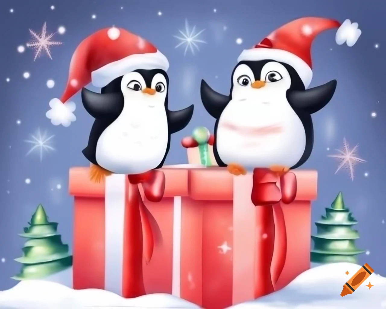 Mischievous penguins in Christmas hats with shiny ribbons on large gift, watercolor storybook style