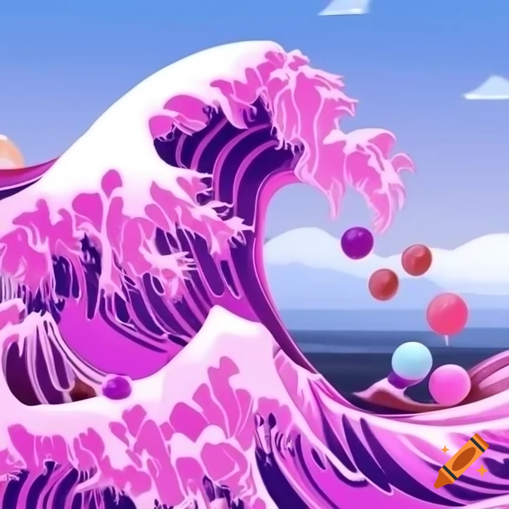 Colorful pink and purple wave featuring boba balls